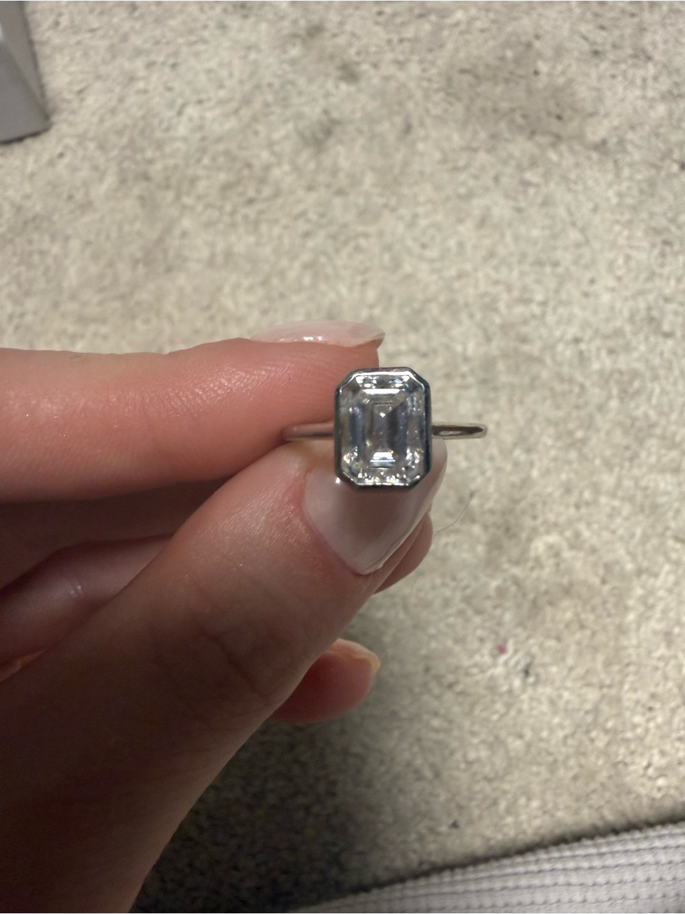 14k white gold 2 carat emerald cut bezel moissanite ring